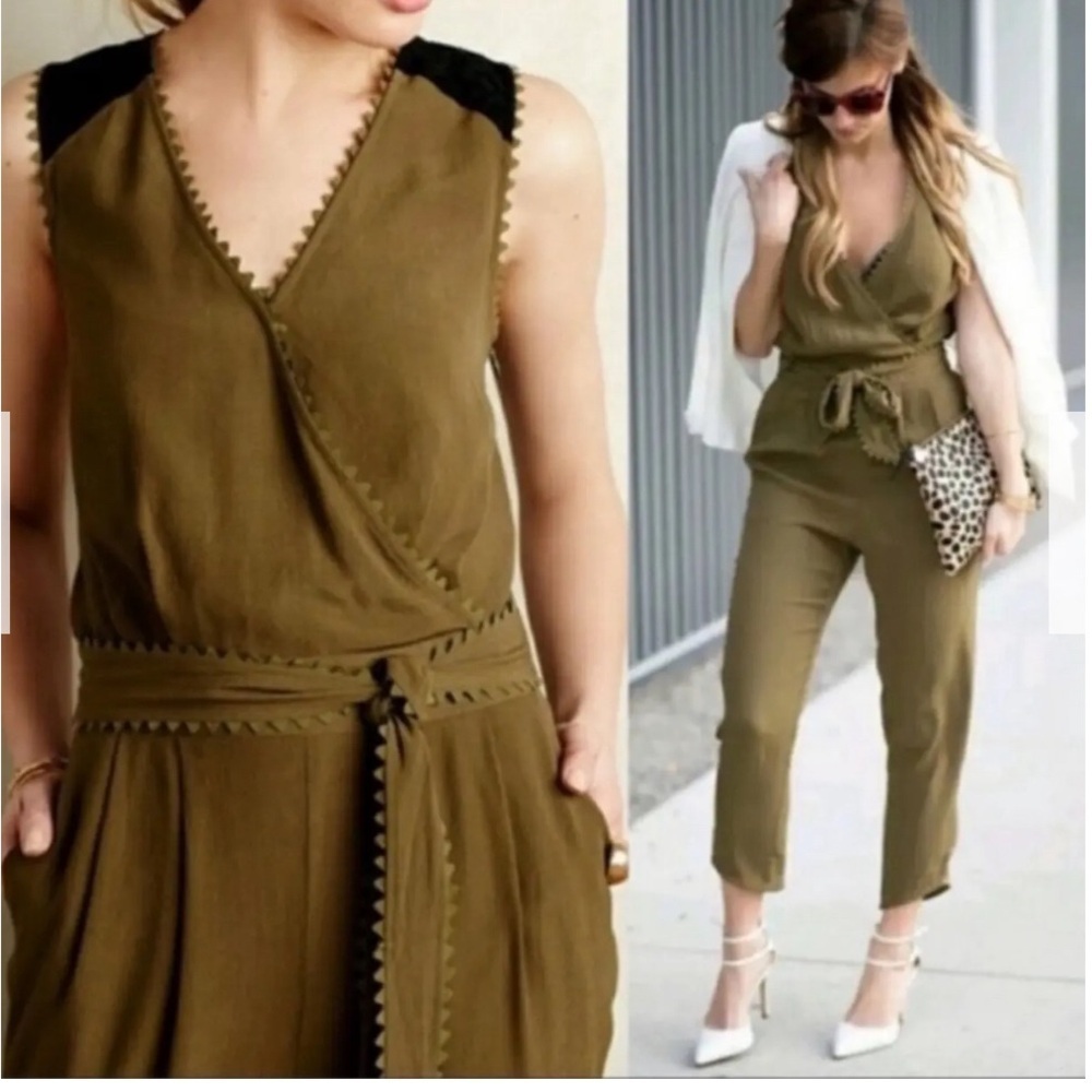 Anthropologie Leifsdottir Jumpsuit Green Wrap Size 4 sleeveless